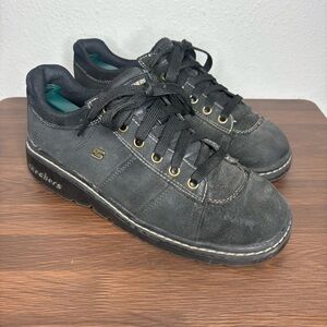 VTG Skechers Jammers Shoes Womens 8.5 Black Suede Chunky Platform Lace Up Y2K